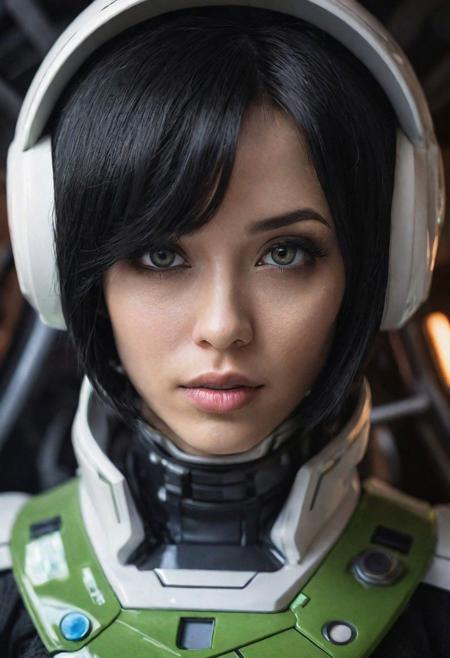 photo of a black hair woman, in space, futuristic space suit, (freckles:0.8) cute face, sci-fi, dystopian, detailed eyes, green eyes, 16k