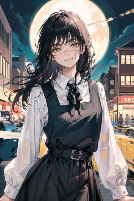 (masterpiece, best quality), illustration,  <lora:yoruchainsawmanv3:1>, yoru, 1girl, long hair, yellow eyes, scar on face, ringed eyes, pinafore dress, black belt, black ribbon, smile, city, night