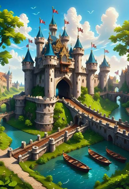medieval castle, drawbridge, surrounded by a canal, cannons,
background of a fantasy, medieval landscape, zavy-ctsmtrc, digital art,hyperrealism,