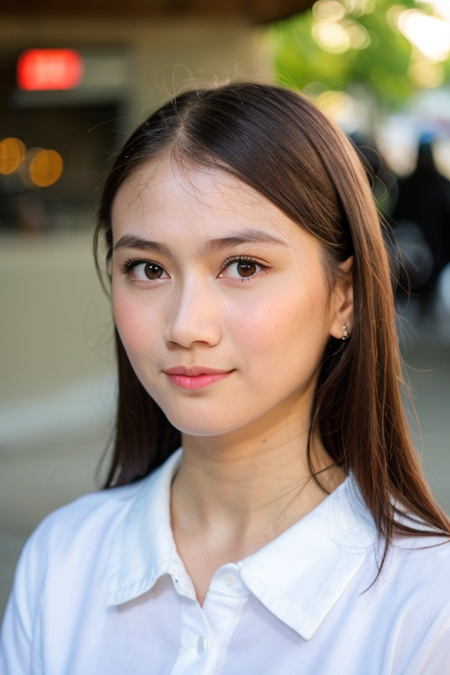 best quality, ultra high res, (photorealistic:1.4), 1girl, solo, closed mouth, white shirt, upper body, black eyes, lips, realistic (high detailed skin:1.2), 8k uhd, dslr, soft lighting, high quality, ((film grain)), Fujifilm XT3