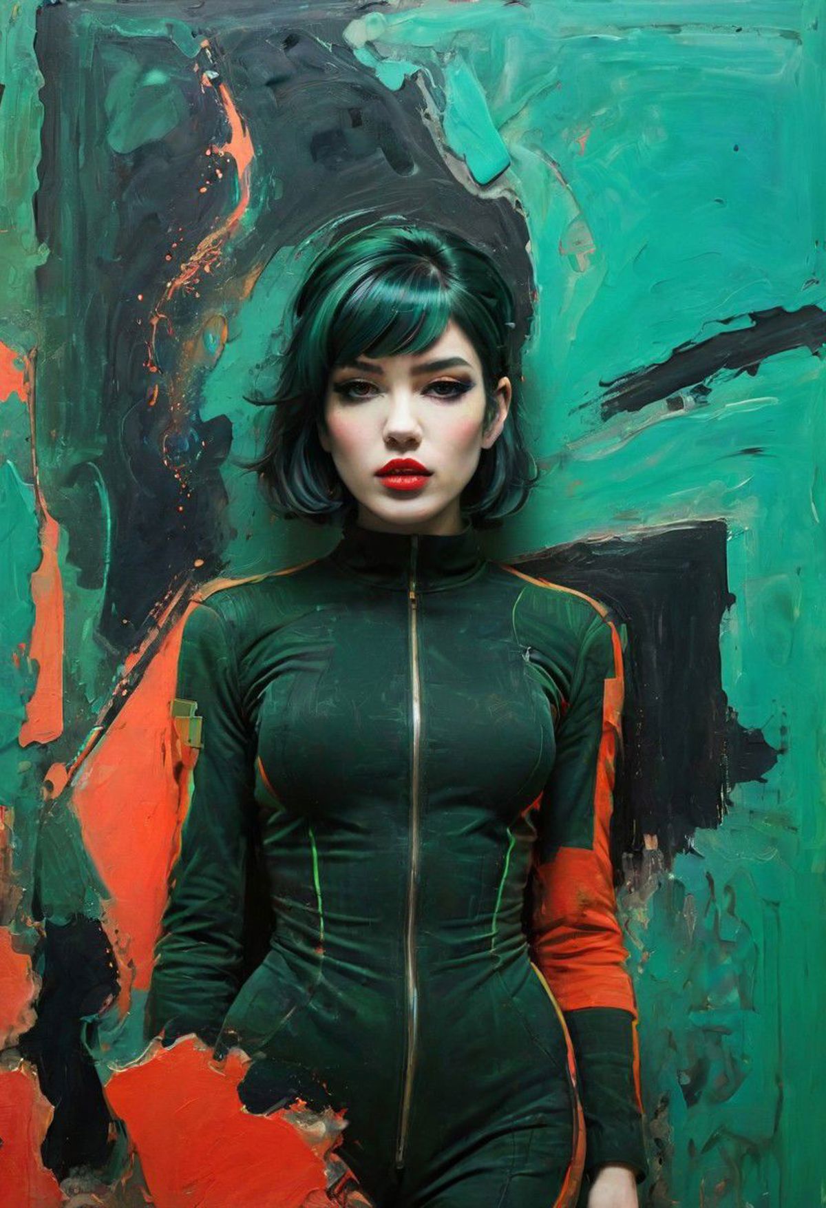 A woman in a green and orange outfit stands in front of a painting.