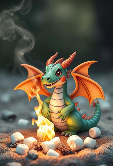 cute small dragon using fire breath to roast marshmallows