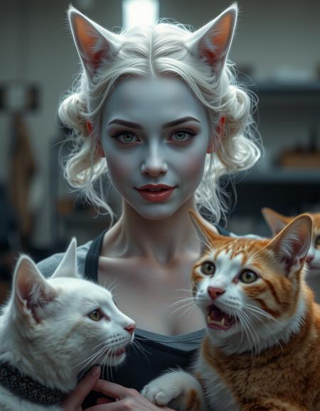 cinematic style, beauty, realism, photorealism, chiaroscuro, high quality, 1girl, pale dusky blue skin, facial markings like whiskers, white cat ears and a white cat tail, pronounced fangs, white hair in two large ringlets, a female miqote with a petite build, bright yellow eyes, cinematic photo a benevolent woman volunteering at a local animal shelter, her bare face natural and glowing as she tends to the animals, exuding kindness and warmth in her interactions. 35mm photograph, film, bokeh, professional, 4k, highly detailed