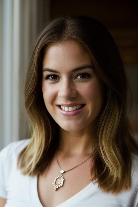 <lora:1sl4f1sh3r:1>, Realistic photo of a beautiful 1sl4f1sh3r woman,  1girl, solo, long hair, looking at viewer, smile, (((blonde hair))), shirt, brown eyes, jewelry, white shirt, upper body, short sleeves, teeth, necklace, grin, lips, realistic, soft lighting, professional Photography, Photorealistic, detailed, RAW, analog, sharp focus, 8k, HD, DSLR, high quality, Fujifilm XT3, film grain, award winning, masterpiece