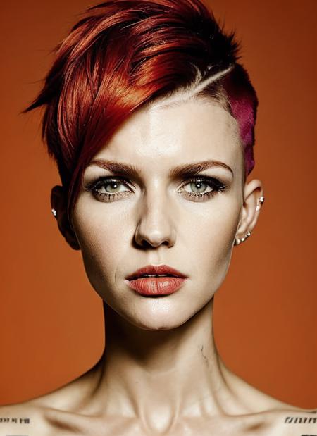 portrait of sks woman by Flora Borsi, style by Flora Borsi, bold, bright colours, orange Mohawk haircut, ((Flora Borsi)), <lora:locon_ruby_v1_from_v1_64_32:1.3>