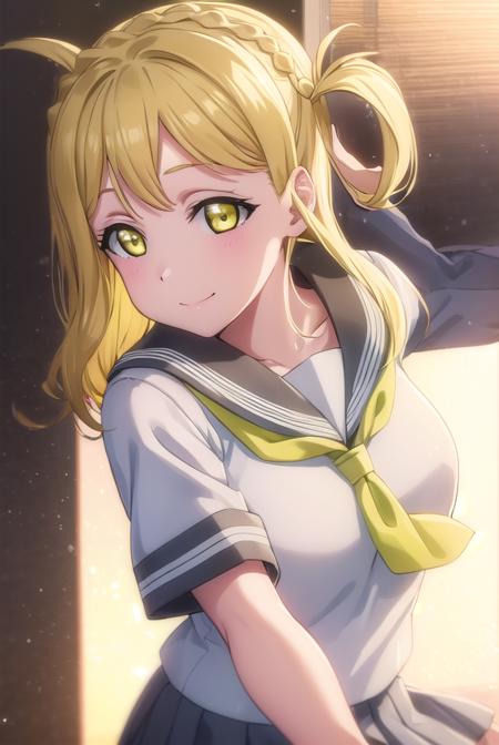 mariohara, <lora:mari ohara s2-lora-nochekaiser:1>,
mari ohara, long hair, bangs, blonde hair, hair ornament, (yellow eyes:1.3), braid, medium hair, hair rings, crown braid, smile,
BREAK skirt, school uniform, short sleeves, pleated skirt, serafuku, socks, neckerchief, kneehighs, black socks, green neckerchief, grey skirt, uranohoshi school uniform,
BREAK indoors, classroom,
BREAK looking at viewer, (cowboy shot:1.5),
BREAK <lyco:GoodHands-beta2:1>, (masterpiece:1.2), best quality, high resolution, unity 8k wallpaper, (illustration:0.8), (beautiful detailed eyes:1.6), extremely detailed face, perfect lighting, extremely detailed CG, (perfect hands, perfect anatomy),