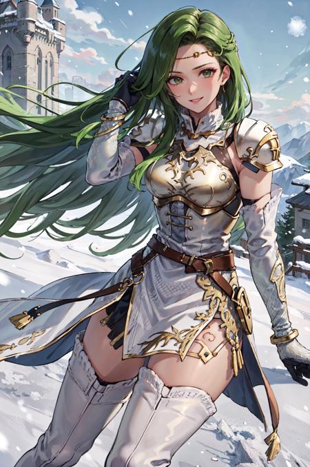 upper body,hand in hair,smile,<lora:annandV1-000016:0.8>,annand, circlet,armor, white short dress, zettai ryouiki, thigh boots, breastplate, looking at viewer, belt, shoulder armor, white footwear, elbow gloves, jewelry, bracelet, sleeveless, detached sleeves, fur trim, long sleeves, white thighhighs,high heels, gold trim, thighs, sleeveless dress, snowing,snow mountain,castle,outdoors,(masterpiece, best quality, ultra-detailed, best shadow)