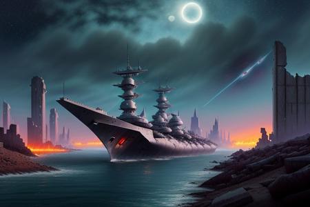 a space pirate battleship among the ruins of an advanced, futuristic city