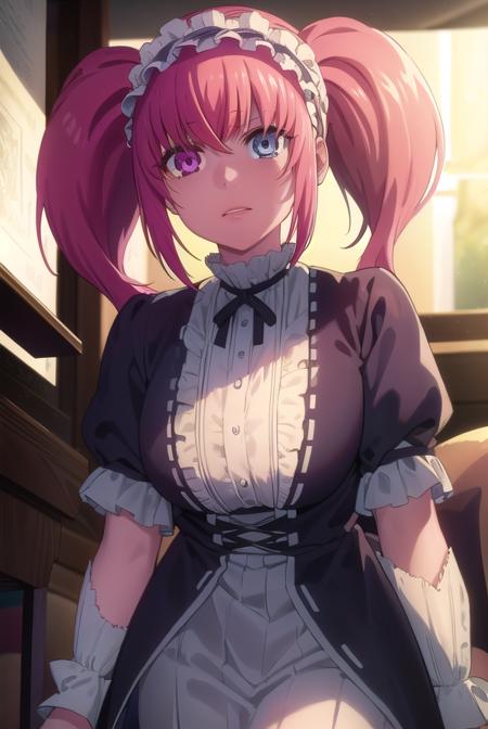 erimimushibami, <lora:erimi mushibami s2-lora-nochekaiser:1>,
erimi mushibami, long hair, blue eyes, twintails, pink hair, (pink eyes:1.3), (heterochromia:1.5),
BREAK hairband, gothic, hairband,
BREAK indoors, classroom,
BREAK looking at viewer, (cowboy shot:1.5),
BREAK <lyco:GoodHands-beta2:1>, (masterpiece:1.2), best quality, high resolution, unity 8k wallpaper, (illustration:0.8), (beautiful detailed eyes:1.6), extremely detailed face, perfect lighting, extremely detailed CG, (perfect hands, perfect anatomy),