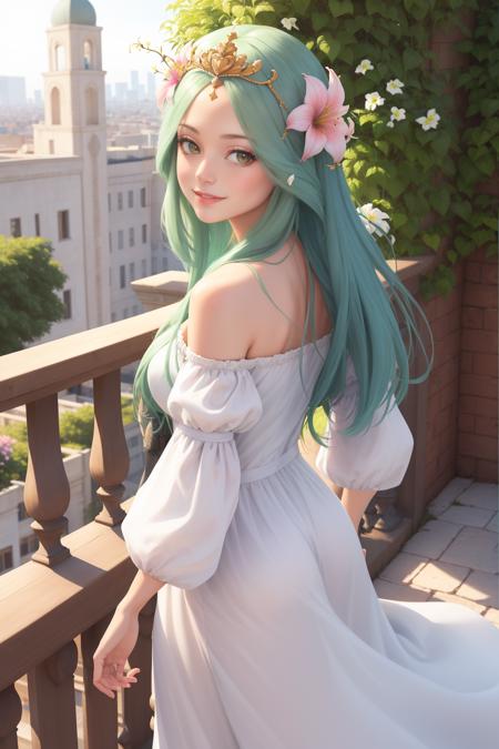 masterpiece, best quality, altRhea, hair flower, tiara, off-shoulder dress, sundress, garden, flowers, upper body, balcony, looking at viewer, from behind, smile <lora:rhea-nvwls-v3-000009:0.7>