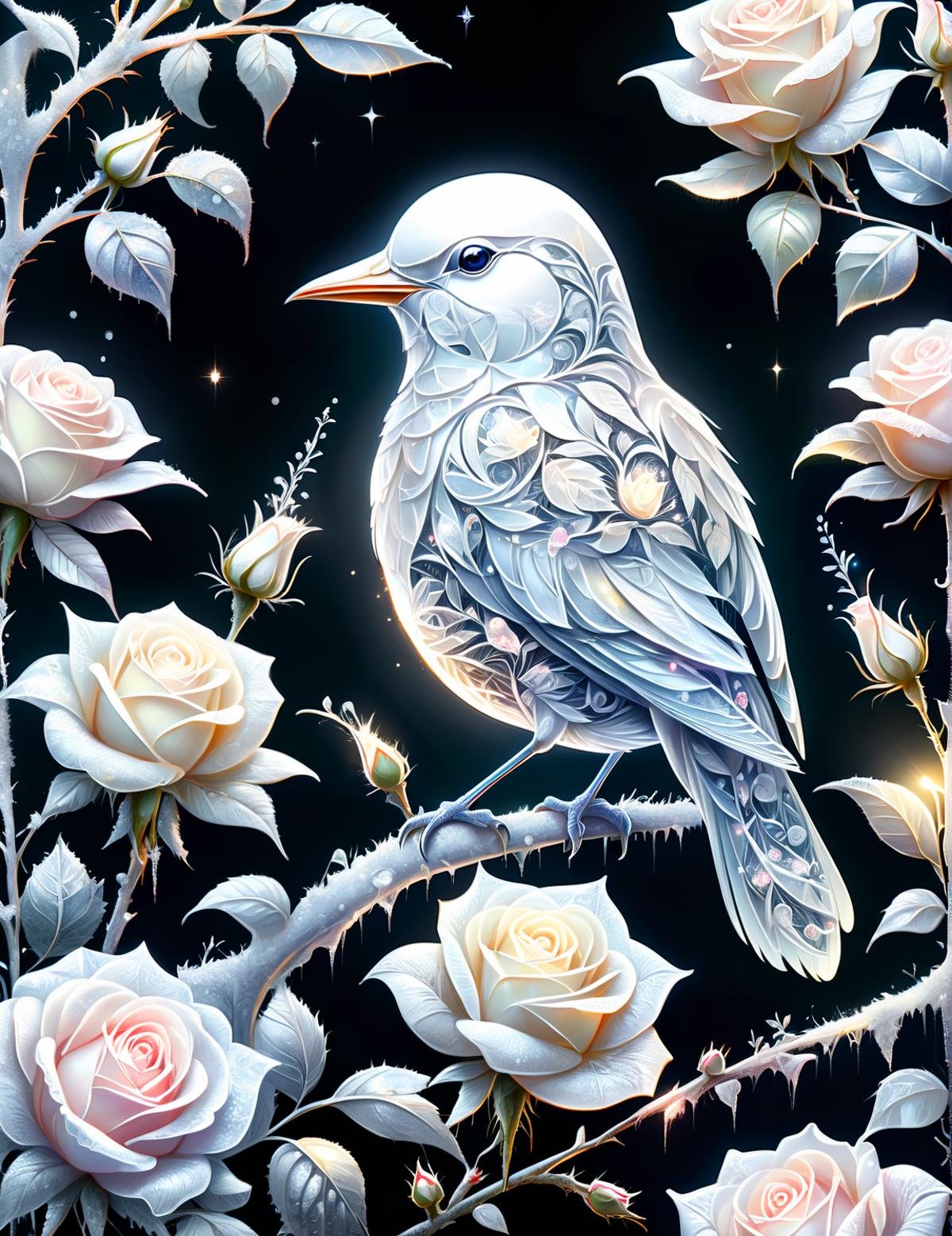 A White Bird Sitting on a Branch Among Pink and White Roses.