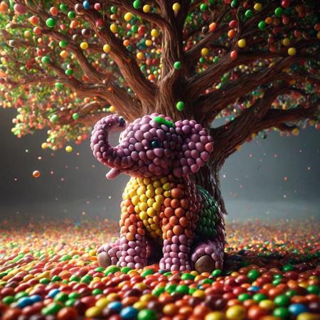 Skittles, Taste the Rainbow, [Skittles Theme], [items made of skittles],
Best quality, amazing quality, masterpiece, award winning, cinematic lighting, very aesthetic, very emotional, very creative, 
A humongous elephant made of skittles looks small in comparison to a giant tree that is not supposed to be there