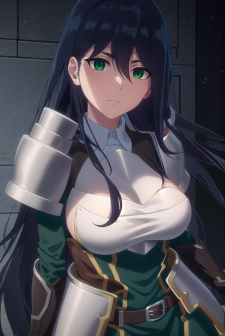 theodoradephilo, <lora:theodora dephilo s1-lora-nochekaiser:1>,
theodora dephilo, long hair, black hair, hair between eyes, very long hair, (green eyes:1.3),
BREAK gloves, black gloves, belt, fingerless gloves, armor, shoulder armor, breastplate,
BREAK outdoors,
BREAK looking at viewer, (cowboy shot:1.5),
BREAK <lyco:GoodHands-beta2:1>, (masterpiece:1.2), best quality, high resolution, unity 8k wallpaper, (illustration:0.8), (beautiful detailed eyes:1.6), extremely detailed face, perfect lighting, extremely detailed CG, (perfect hands, perfect anatomy),