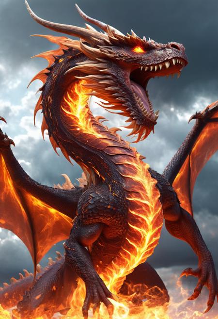 fire Elemental, fire elemental dragon, swirling fire body, transparent, ethereal, majestic, detailed digital art, expressive eyes, roaring, cloudy sky background, magical elements