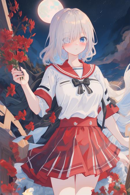 masterpiece,bast quality,official art,8K wallpaper,game cg,isuzurensch \(magiarecord\),red skirt,blue eyes,white shirt,large breasts,hair over one eye,blush,heavy breathing,expressionless,1girl,solo,dark sky,blue moon,cloud,blue lycoris radiata,<lora:ringsch2:1:1,0.1,0.1,0.1,0.1,0,0,0,0.7,0.9,0.9,0,0,0,0,0,0>