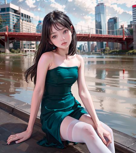 1girl, solo,fingernails,medium breasts,(eyeliner:0.5),(blush:0.5),black hair,long hair,hair_ornaments, looking at viewer,
green_dress, side_slit, bare_shoulders, pantyhose, sitting, mary_janes, fullbody_shot, parted lips,
park, (raining:1.5, cloudy, grey_sky:1.2,) lake, bridge, city_skyline, 
beautifully detailed background,depth of field,loli:0.1,(HDR:1),(Highest Quality, Amazing Details:1.4), realistic:1.3,(raw photo:1.4), (photorealistic:1.3),