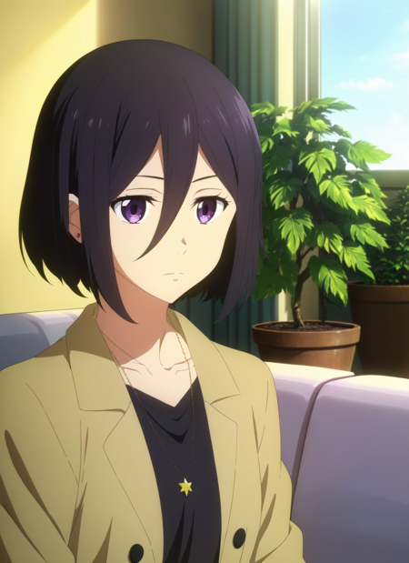 kyoukai no kanata <lora:kyoukai_no_kanata_offset:1>, masterpiece, best quality, 1girl, jewelry, solo, black hair, necklace, short hair, plant, indoors, purple eyes, hair between eyes, window, potted plant, upper body, jacket, couch, closed mouth, blurry, shirt