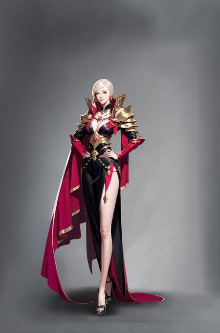 Game characters, original design, European style, 1girl, solo, breasts, cleavage, dress, high heels, cape, standing, full body, blonde hair, black footwear, jewelry, hand on hip, grey background, looking at viewer, black dress, red cape, large breasts, simple background, gradient, shoulder armor, side slit<lora:CG Game xieshi:1>,