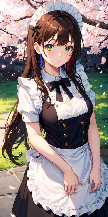 1girl, brown hair, multicolored hair, green eyes, maid, maid headdress, maid apron, cherry blossoms, sunbeam, wallpaper,