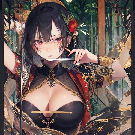 <lora:hlkuangkuang:1>,((masterpiece)), (realistic), (3d face), illustrations, (solo:1.2), (original), (very detailed wallpaper), photographic reality, very detailed illustrations, (super-complex detail), (delicate face), perfect detail features, perfect detail, (super complex details), (best lighting), 1girl, (mid shot:1.3), (mystical:1.1), (powerful stance:1.3), (Eastern:1.2), (intense gaze:1.1), (confident expression), (warrior's spirit), (dual-wielding swords), (form-fitting armor:1.2), (jeweled accents), (enchanted weapons), (glowing tattoos:1.1), (ethereal lighting:1.2), (dreamlike atmosphere), (photorealistic:1.1), (HD rendering), (detailed textures), (fine brush strokes),((lush forest background:1.3)), (massive trees), (tangled vines), (moonlit night:1.1), (glistening dewdrops:1.3), (ancient ruins:1.2),