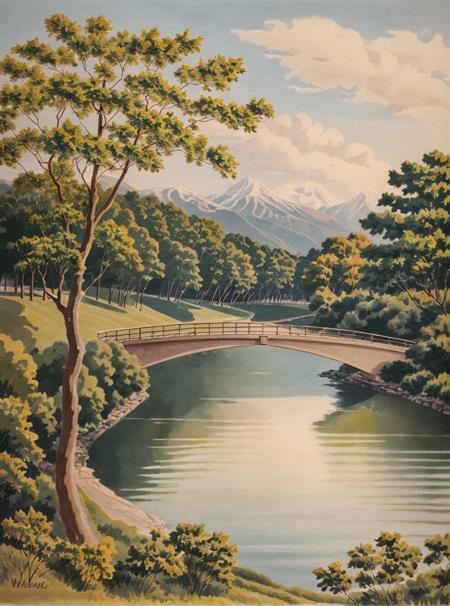 (masterpiece,best quality),vintage poster,
park,moutain,water,tree, <lora:rugu_v3:1>