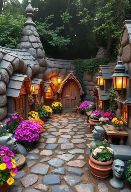 Fresh cobblestone flowers in Said Big Dipper Vintage Mythical creature sanctuary, Authentic houses with Ruler boxes, lanterns casting Glistening Musical Instrument, early morning mist