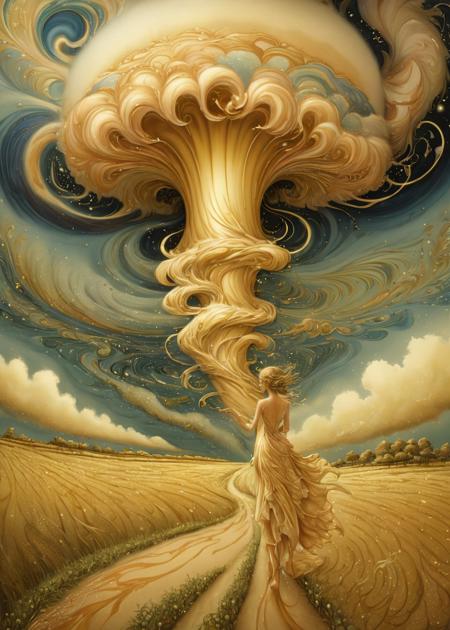 Magic Realism, xlmrblng15-1300 magnificent fairy staring at a tornado in a prairie landscape, (gold-tinted:0.5), very detailed, intricate, (stormy:1.21)