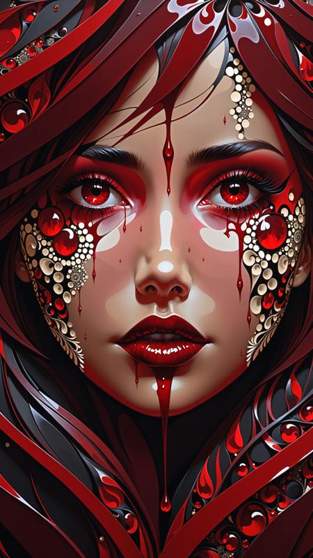 (abstract art:1.4), masterpiece, best quality, ultra high res, beautiful, visually stunning, elegant, incredible details, dark art, (dark red theme:1.3), award-winning painting, 1girl, crying blood, blood rain, somber, depressing, looking at viewer, side view, (masterpiece, top quality, best quality, official art, beautiful and aesthetic:1.2), (1girl), extreme detailed, (fractal art:1.3), colorful, highest detailed