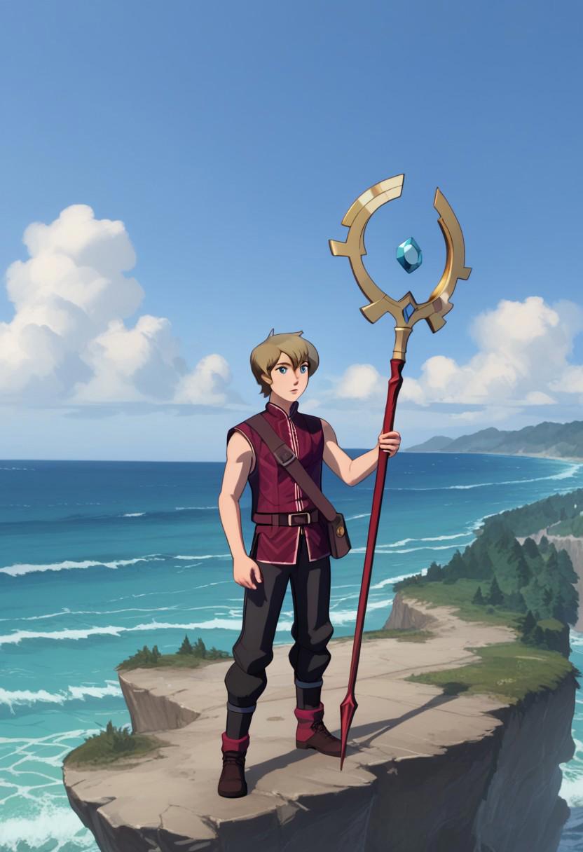 Score_9, Score_8, Score_7, TDPStyle, TeCal, Blond Hair, Messy Hair, Medium Hair, Sleeveless Vest, Red Vest, Blue Eyes, standing on cliff edge, cowboy shot, Ocean, Golden Trident