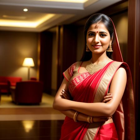 dgdressed, high resolution photo of a woman, in ethnic wear, at a hotel reception