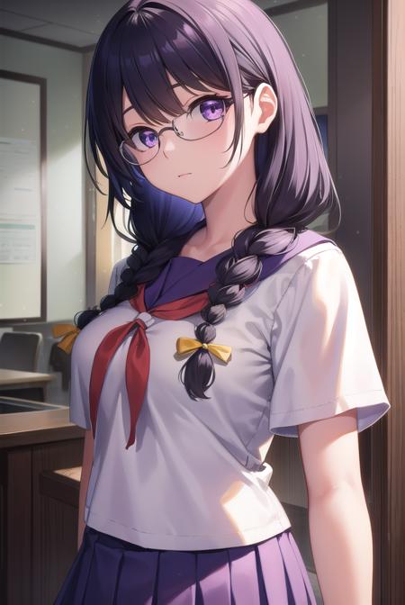 hanekawatsubasa, <lora:tsubasahanekawa-lora-nochekaiser:1>, 
hanekawa tsubasa, long hair, black hair, hair ornament, (purple eyes:1.1), braid, hairclip, twin braids, naoetsu high school uniform, glasses,
BREAK skirt, school uniform, naoetsu high school uniform,
BREAK indoors, classroom,
BREAK looking at viewer,
BREAK <lyco:GoodHands-beta2:1>, (masterpiece:1.2), best quality, high resolution, unity 8k wallpaper, (illustration:0.8), (beautiful detailed eyes:1.6), extremely detailed face, perfect lighting, extremely detailed CG, (perfect hands, perfect anatomy),