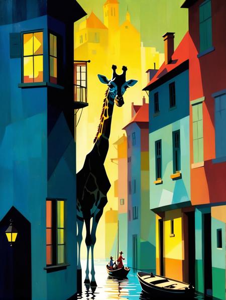 (Painting by Lyonel Feininger:1.8) Very worn page torn from old childrens book, faded print.  A family of mother father and child alone, a giraffe trotting through the streets, a boat sinking in the canal, a boat sinking  in the harbor, mysterious people peeking out through windows. Eastern European city, 1930s.  The scene is set in a dimly lit, surreal urban landscape, an Eastern European city in the early 20th century. The atmosphere is dense with a dream-like quality, filled with elongated shadows and surreal/ethereal atmosphere - with strange people hiding in the shadows, narrow winding streets, a dreamlike, surreal feeling,