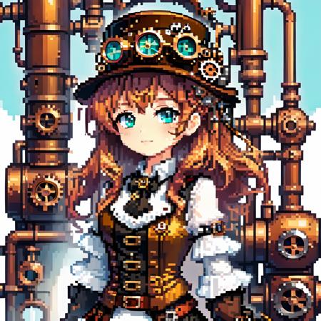 pixel art,<lora:pixel_art:0.85>,
a cute girl,anime,steampunk,goggles on headwear,long hair,goggles,shirt,white shirt,gears,looking at viewer,long sleeves,hat,vest,gloves,belt,bangs,aqua eyes,brown vest,brown headwear,brown hair,upper body,