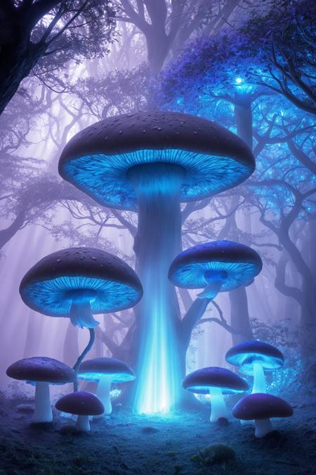 misty enchanted forest, glowing mushrooms scattered on the forest floor, ancient trees with twisting branches, soft blue and purple lighting, gentle fog rays through trees, fantasy magical vibe, high detail forest floor