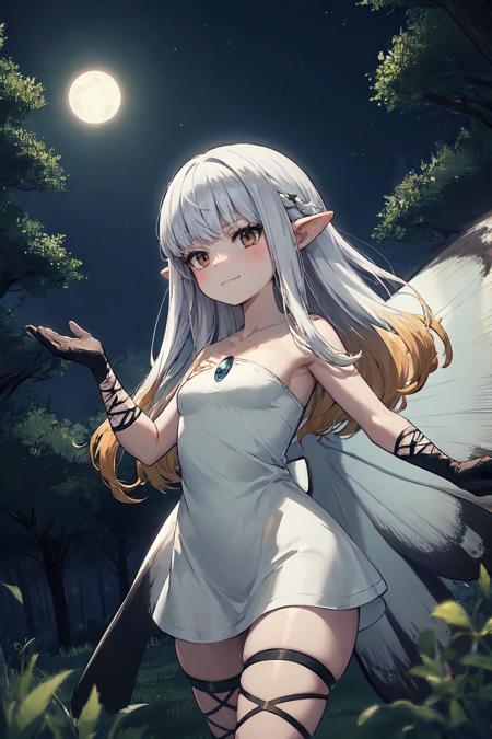 white hair, long hair, brown eyes, (fairy wings, flying:1.35), strapless dress, leg wrap, arm wrap, black gloves, pendant, gradient hair, cowboy shot, light particles, shadows, white dress
BREAK moonlight, minigirl, huge trees, sequoia trees, (night:1.2), dutch angle, wide hips, light smile, thorns, small breasts
 <lora:airy:1>