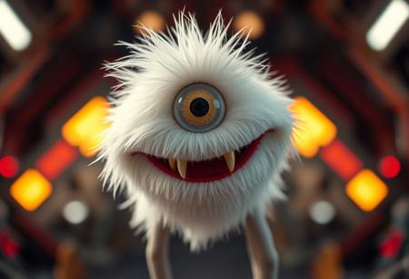 a white muppet with one central alien eye, and real sharp teeth, and three hoofed legs, spaceship background, bokeh