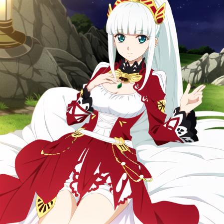 lailah (tales), 1girl, solo, (white hair:1.4), long hair, ponytail, bangs, (blue eyes:1.2), blunt bangs, hairband, sidelocks, hair ornament, narrow waist, slim waist, looking at viewer, red dress, bedroom, night, highres, absurdres, (hand on own chest:1.3), big eyes, (lying,on back), (from below:1.4), feet out of frame, photorealistic