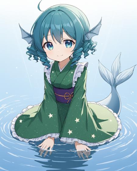 wakasagihime,1girl, mermaid, solo, head_fins, wide_sleeves, obi, frilled_kimono, long_sleeves, smile, green_kimono, water, sparkle, holding, closed_mouth, ripples, wading, white_background, partially_submerged, bishamonten's_pagoda
<lora:wakasagihime_image2628_2023-12-20-000008:1>,star-shaped_pupils,symbol-shaped_pupils,. gorgeous,key visual, vibrant, studio anime,award-winning, professional, highly detailed,high budget, cinemascope