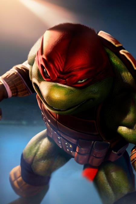 <lora:TMNTRaphael-10:0.8>(RAW photo, real life, absurdres, high quality, photorealistic, detailed, realistic:1.3), (solo:1.3), a high resolution photo of a TMNTRaphael, illustration, a teenage mutant ninja turtle with a red bandana mask with eye-holes standing in a dark room with a light shining on him, fight stance pose, cinematic, atmospheric, 8k, realistic lighting, shot by Hassleblad H6D, Zeiss, Kodachrome, nikon, 50mm 1.2 lens, Octane Render, ultra realistic, realistic lighting, photorealistic, photorealism, photoreal, unreal engine 5, Adobe After FX, highly detailed, intricate detail