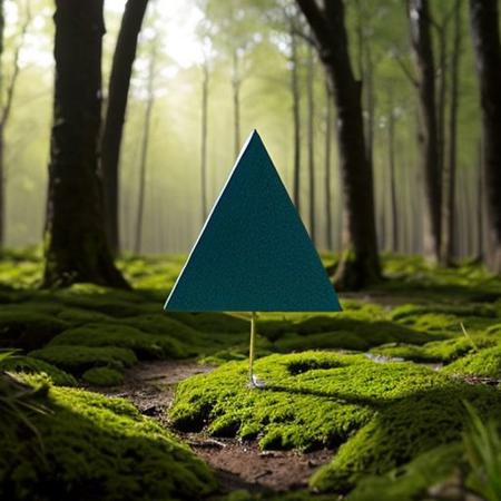 A hyper-realistic painting featuring a three-dimensional blue triangle with human eyes and a mouth, clearly expressing an emotion such as sadness or joy. The triangle should have realistic textures and lighting, making it appear as part of the physical world. It is set in a lush, vibrant forest at dawn, with sunlight filtering through dense foliage, illuminating the moss-covered ground and small wildflowers. Birds and woodland creatures add life to the serene setting. The triangle should blend seamlessly into the environment despite its surreal form, creating a striking contrast between the natural beauty of the forest and the lifelike, anthropomorphic triangle