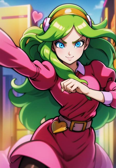 masterpiece, best quality, highest quality, perfect anatomy, perfect face, perfect eyes,
<lyco:briannedechateau_lycoris_01-000004:0.8>, briannedechateau-smf, 1girl, solo, green hair, blue eyes, dress, long hair, smile, puffy sleeves, pink dress, belt, long sleeves, juliet sleeves, hairband, smile, open arms, pink aura, ruins, destruction, black sky, glowing hearts, full body, pantyhose