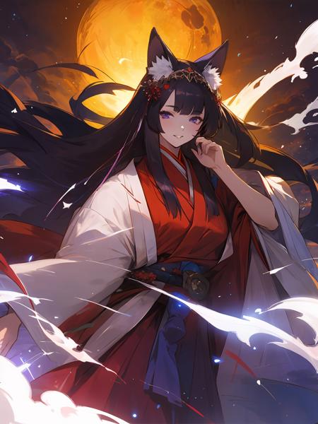 masterpiece,best quality,highres,cinematic lighting,dramatic angle,<lora:ShadowverseGinsetsuV7-000018:0.8>,1girl,animal ears,hair ornament,purple eyes,black hair,long hair,smile,parted lips,looking at viewer,cowboy shot,japanese clothes