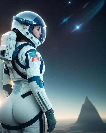 Highly detailed RAW color Photo, Rear Angle, Full Body, of (female space soldier, wearing white and blue space suit, helmet, tined face shield, rebreather, accentuated booty), outdoors, (looking up at advanced alien structure, on alien planet), toned body, big butt, (sci-fi), (mountains:1.1), (lush green vegetation), (two moons in sky:0.8), (highly detailed, hyperdetailed, intricate), (lens flare:0.7), (bloom:0.7), particle effects, raytracing, cinematic lighting, shallow depth of field, photographed on a Sony Alpha 1, 50mm wide angle lens, sharp focus, cinematic film still from Gravity 2013