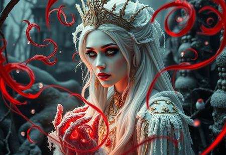 “A hyperrealistic depiction of an ice princess with an eerie ambiance, wearing heavy gothic makeup, set in a rotten and decayed world. The scene is intricate with frost-covered elements, blending a fantasy horror concept with a dark fairytale wonderland background. Red color twirls swirl through the scene, adding an ominous and sinister touch. The white and gold color palette contrasts sharply with decayed, rotting surroundings and the red accents, creating a haunting atmosphere. The image uses a 12mm lens effect to enhance depth and distortion, with sharp contrasts, deep shadows, and an ultra-detailed photorealistic style. The ice princess appears both enchanting and terrifying, emanating mesmerizing visual storytelling in a chilling, frost-bitten, and decayed environment.”
