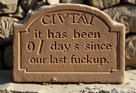 chiseled into a stone tablet:
" Civitai -  it has been 0| days since our last fuckup "