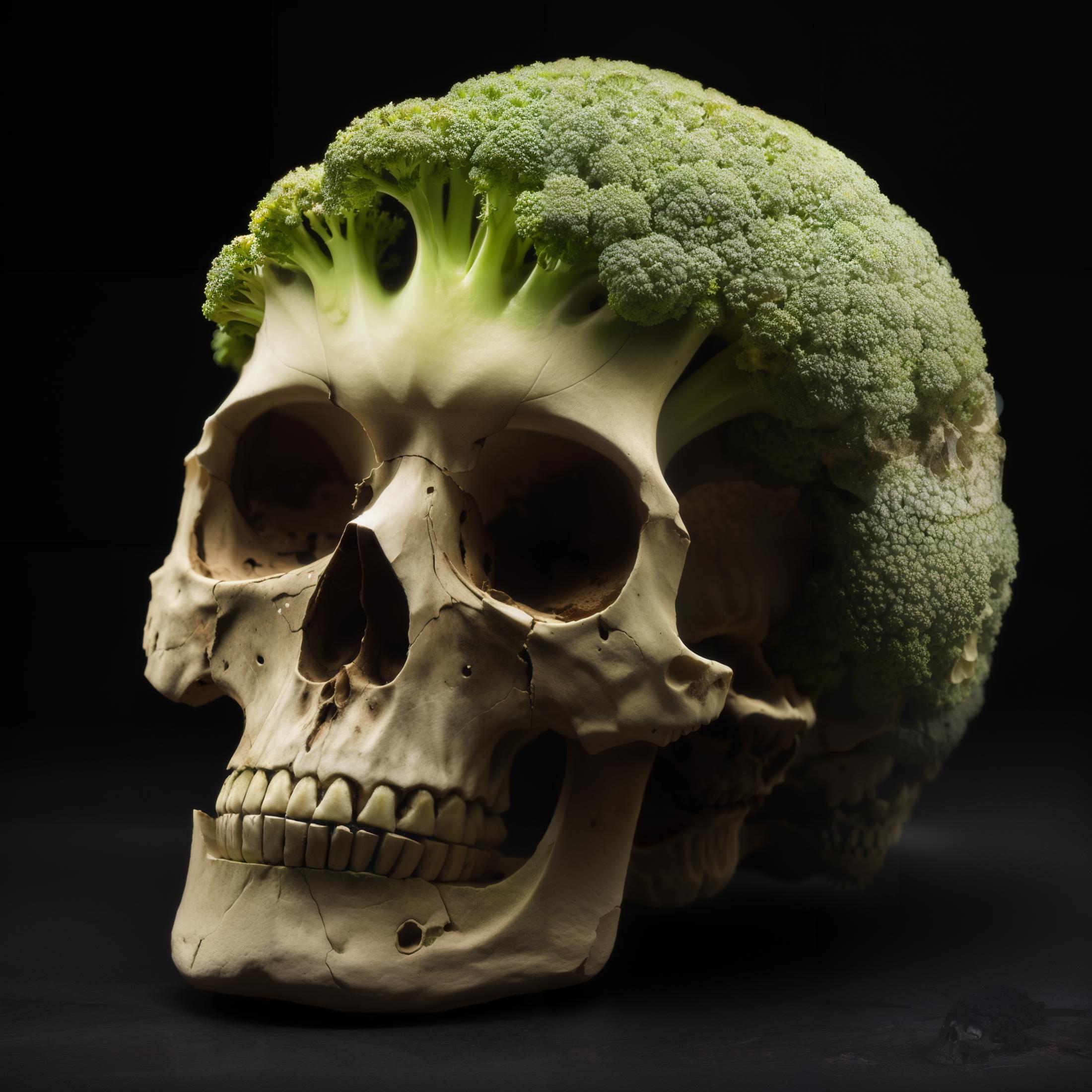 A skull with a broccoli headpiece