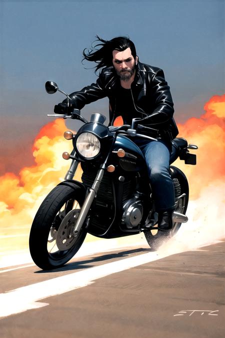 masterpiece, best quality, high quality, highres,looking at viewer, straight-on, 
ARTSTYLE_EsadRibic_ownwaifu, www.ownwaifu.com, 1boy, beard, black hair, facial hair, gloves, ground vehicle, jacket, leather jacket, male focus, motor vehicle, motorcycle, ocean, on motorcycle, realistic, retro artstyle, riding, solo, traditional media, solo, shirt, black hair, 1boy, jacket, male focus, open clothes, pants, open jacket, black jacket, sunglasses, ground vehicle, motor vehicle, leather, motorcycle, leather jacket
realistic 
<lora:ARTSTYLE_EsadRibic_ownwaifu-15:0.7>