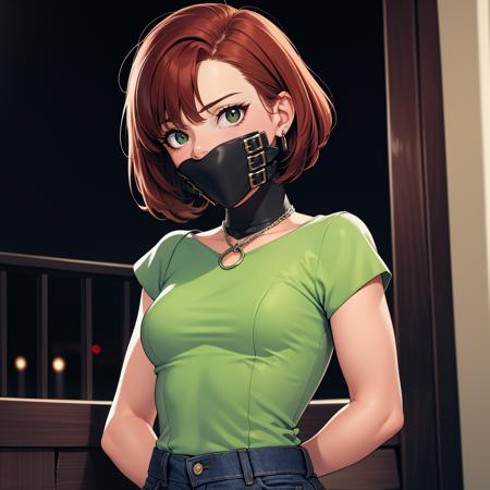 bucklepanelgag,1girl, [[[mouth mask]]] solo,adult mature woman,auburn Short asymmetrical hairstyle hair, portrait age 30, standing, night, (green dress), jeans,high quality, best quality,  shadows,   <lora:bucklepanelgag2:0.6>