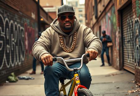Create a highly detailed, realistic photographic image captured with an aspherical Panavision 105mm lens effect. The scene features a big, heavyset rapper with a bold hip-hop style, inspired by Snoop Dogg and 50 Cent, riding a small, colorful young boy’s bicycle. The rapper wears large gold chains with diamond accents, oversized sunglasses, and a fitted cap turned slightly to the side. His outfit includes a baggy hoodie, jeans, and classic sneakers, with visible tattoos on his forearms. His expression is cool and confident, capturing classic hip-hop swagger. In the background, set in the Bronx, is a gritty urban environment with graffiti-covered walls and a hint of street activity, including someone discreetly smuggling a small, suspicious package. The scene combines realism with a dramatic urban vibe, highlighting hip-hop culture and the street’s raw atmosphere