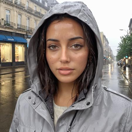 Hyperrealistic art close-up photo of c1nd4 a woman, wearing a gray jacket, in the rain, on a street, nighttime, lights, looking at viewer,  <lora:Cindy_Kimberly_SDXL:.9> . Extremely high-resolution details, photographic, realism pushed to extreme, fine texture, incredibly lifelike